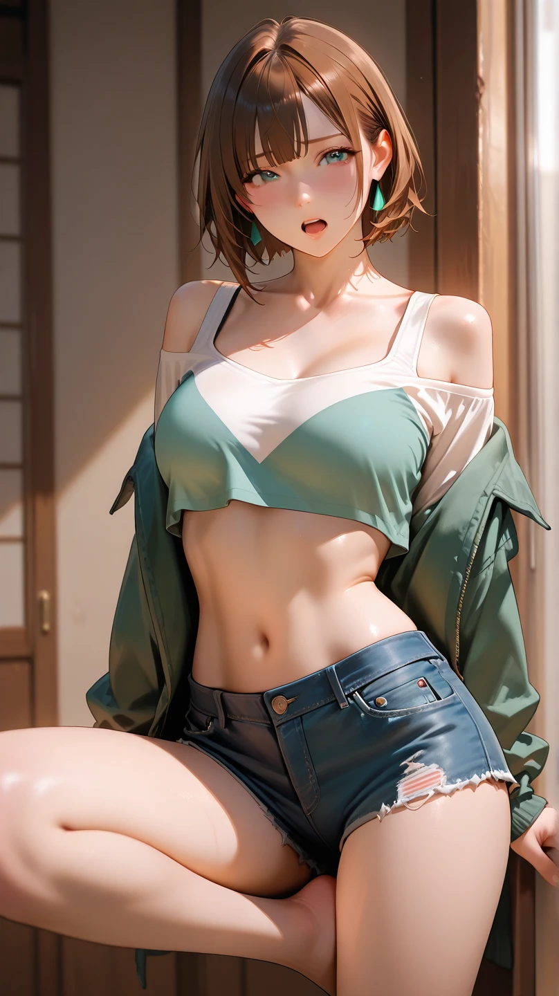 (masutepiece), (Best Quality), Realistic, Photorealism, 1girl in, Beautiful Girl, Perfect face, Perfect body, Sexy, (((Upper body wearing only moss green MA-1 jacket)))、(((Do not close the zipper))), No bra, Braless, Smile、Taut、Toned waist、fascinating butt、Plaid miniskirt、(((Lift skirt with hand to expose pink sexy panties)))、Wearing a pistol holder on the thigh、Smile full of happiness、Attractive pretty woman、Detailed cute big blue eyes、Detailed cute face、complexion with good blood circulation、pink cheek、Dark brown medium hair、(((stick out)))、 (Erect )、(((the upper body is almost naked,)))、(((Panties slip down and pubic hair is visible.)))