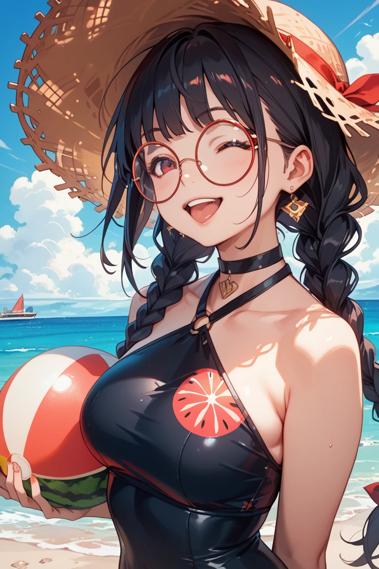A 6-year-old girl with big breasts, plump figure, round, dressed in a baby yellow wedding dress, lace bikini, bikini with lace cutouts, on the beach, glasses and wearing a thin tulle