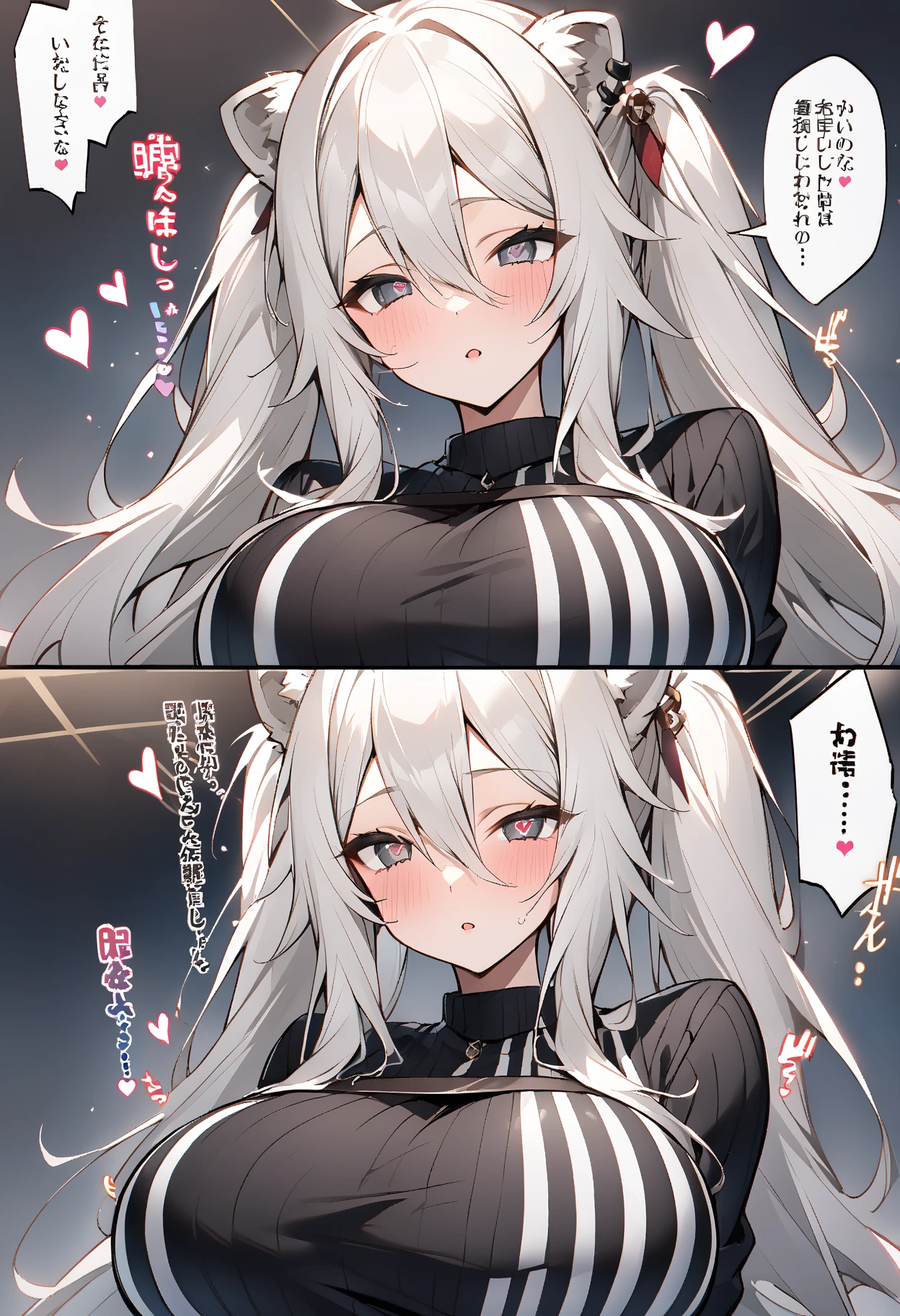 Shishirabotan、Black knitted clothes、Vertical sweater clothes、Black sweater、Huge breasts:1.5、sagging breast:1.5、1girl、portrait、spoken heart、face focus、straight hair、Twin tails、Slightly messy hair、White lion、