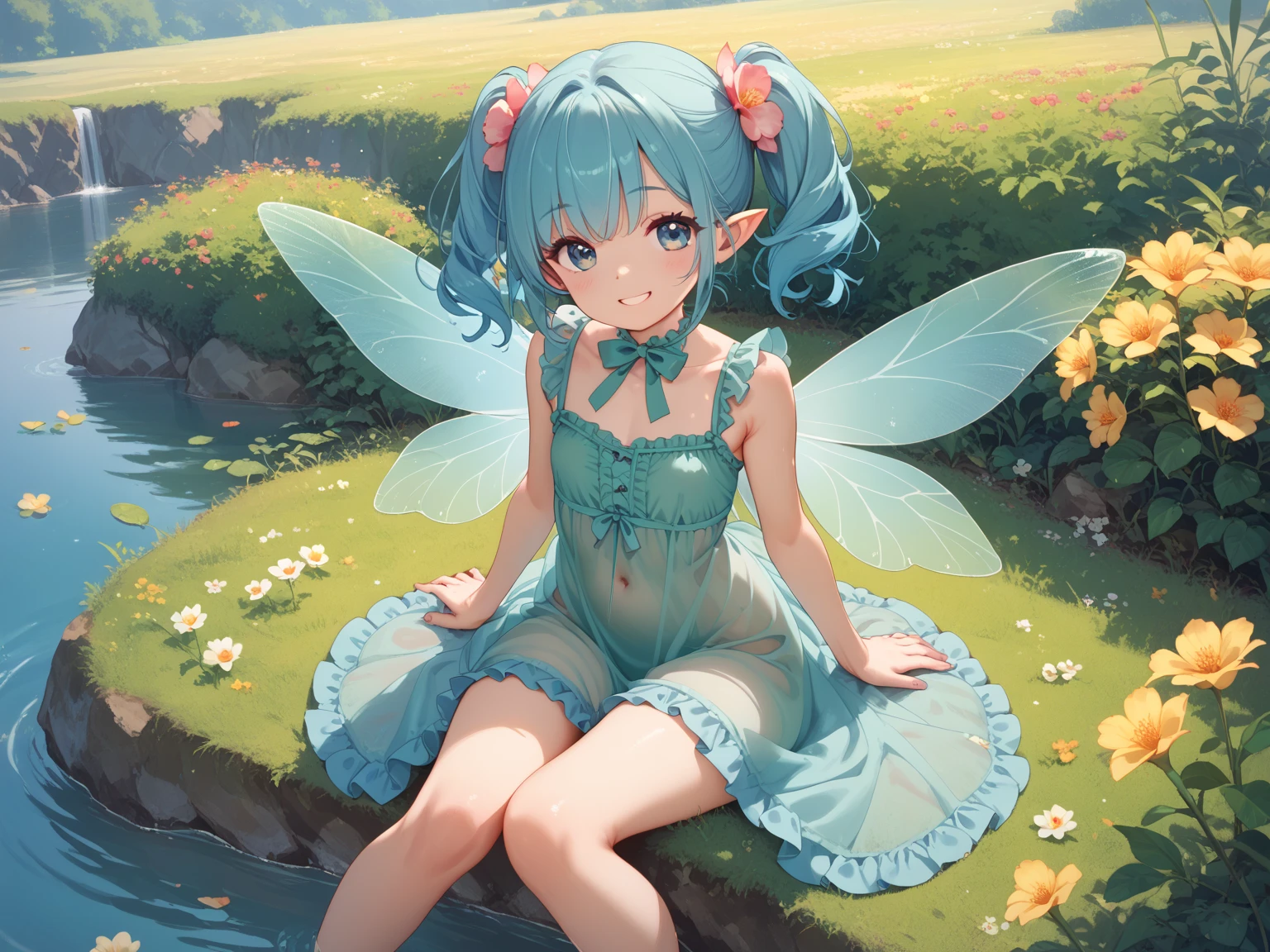 (masterpiece、highest quality、highest quality、Official Art、Beautiful and beautiful:1.2)、(One girl:1.3)Hatsune Miku、Twin tails,Big Breasts,High Quality Fantasy Comedy Anime Illustration. Innocent boy pooping magic soap bubbles with his hands, The little fairy is in a hurry The little fairy is in a hurry、Squeezed in unbreakable soap bubbles.