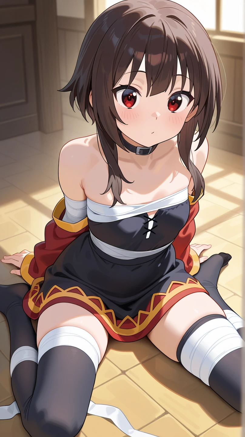 ((4k, obra-prima, best quality)), 1girl (Megumin), Cabelos castanhos claros, cabelos curtos, olhos vermelhos, mediuml breasts, fofo, corar, roupa de banho, 夏天
