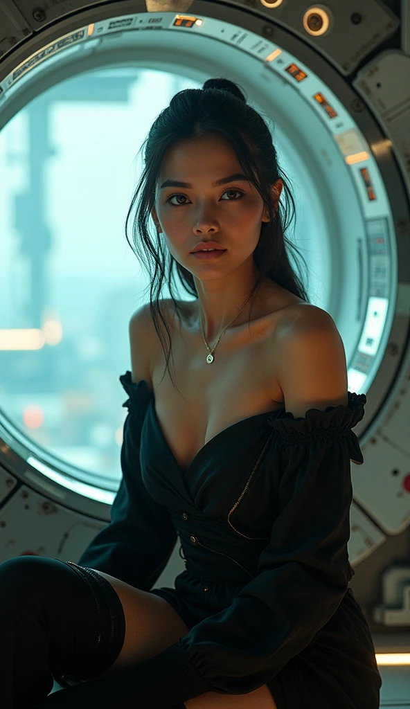 Best quality, 8K, woman space retro futurism, beautiful and detailed face, black straight long hair, bangs,big eyelashes,LOOKING TO observer,TRANSPARENT white leotard,LIGHT TAN pantyhose, sci-fi RETRO SPACESHIP scenario