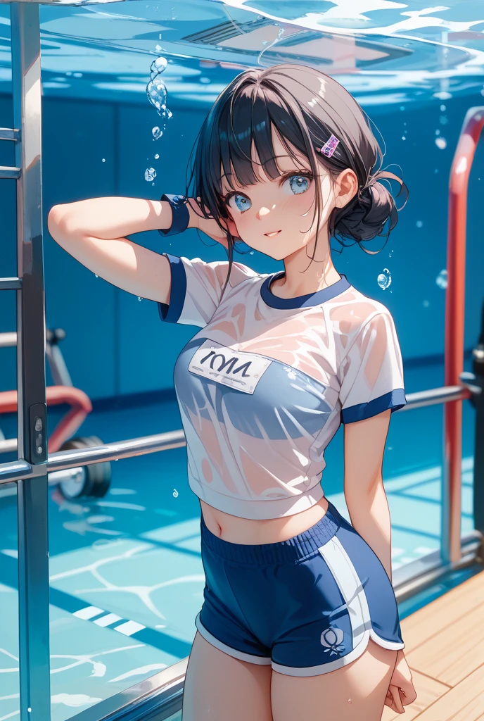 Black Hair Girl、、A loose black band T-shirt、White sports bra、Blue Boxer Shorts、Sitting on a bench in the pool changing room、Sweaty hair、shortness of breath、Fatigue、Realistic texture