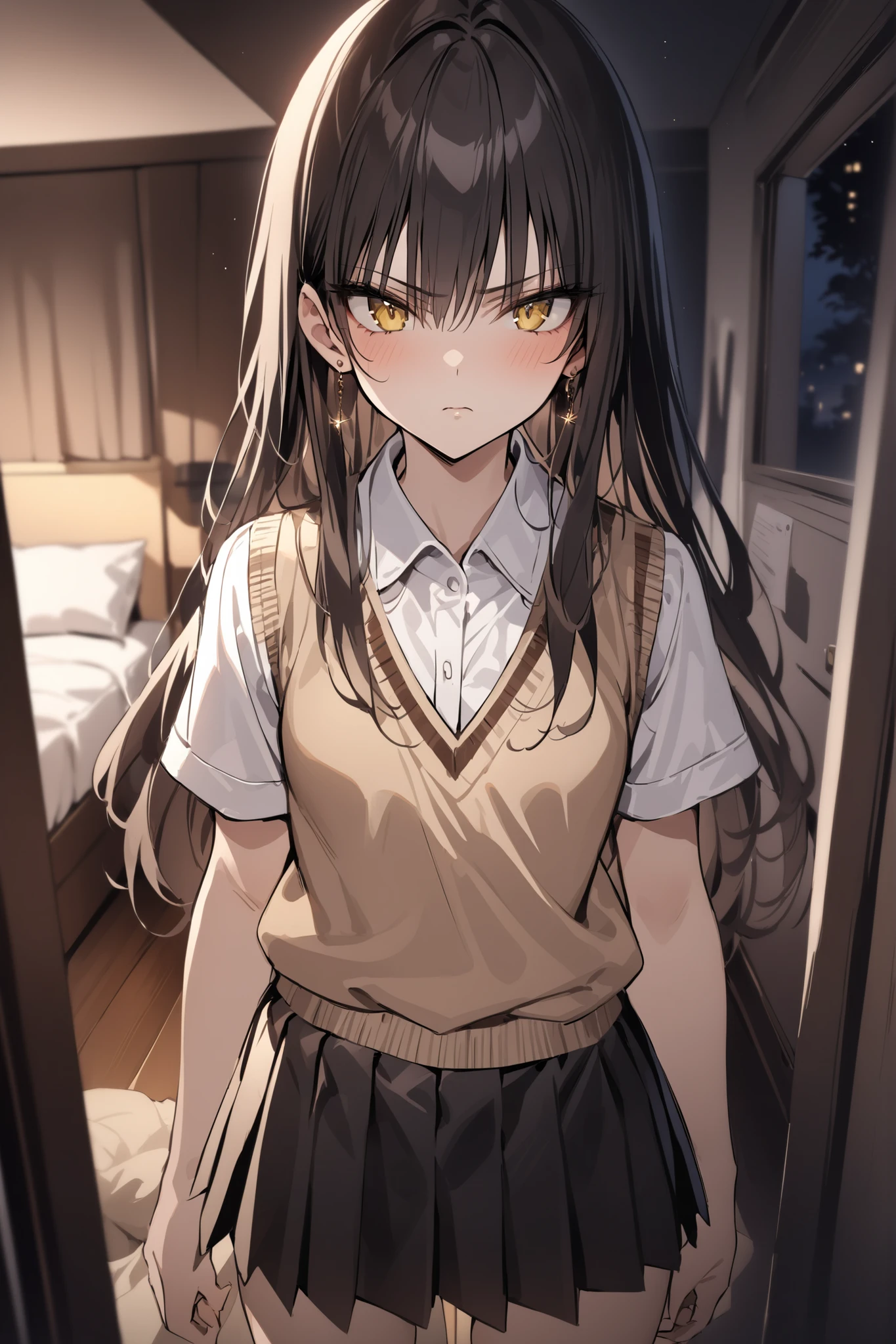 ((masterpiece,Highest Quality:1.2)),(soro),night,Slender, slender high school girl standing in her room,Light black long hair,Perfect yellow eyes, tree eyes ,serious expressionless,brown knit vest,white school short sleeve blouse,(Black Pleated Skirt),Gold Earrings