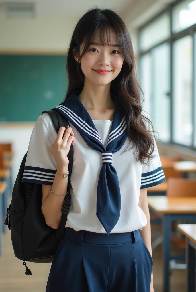 neat college girl, (school uniform, sailor uniform, ribbon tied at chest, summer uniform, upper body white, skirt is navy blue), outside the athletic field, (slim), photorealistic, detail, skin texture, ultra detail, delicate and sexy collarbone, smile, super detailed face, detailed lips, detailed eyes, double eyelids, small breasts, small breasts, small, flat breasts, breast emphasis