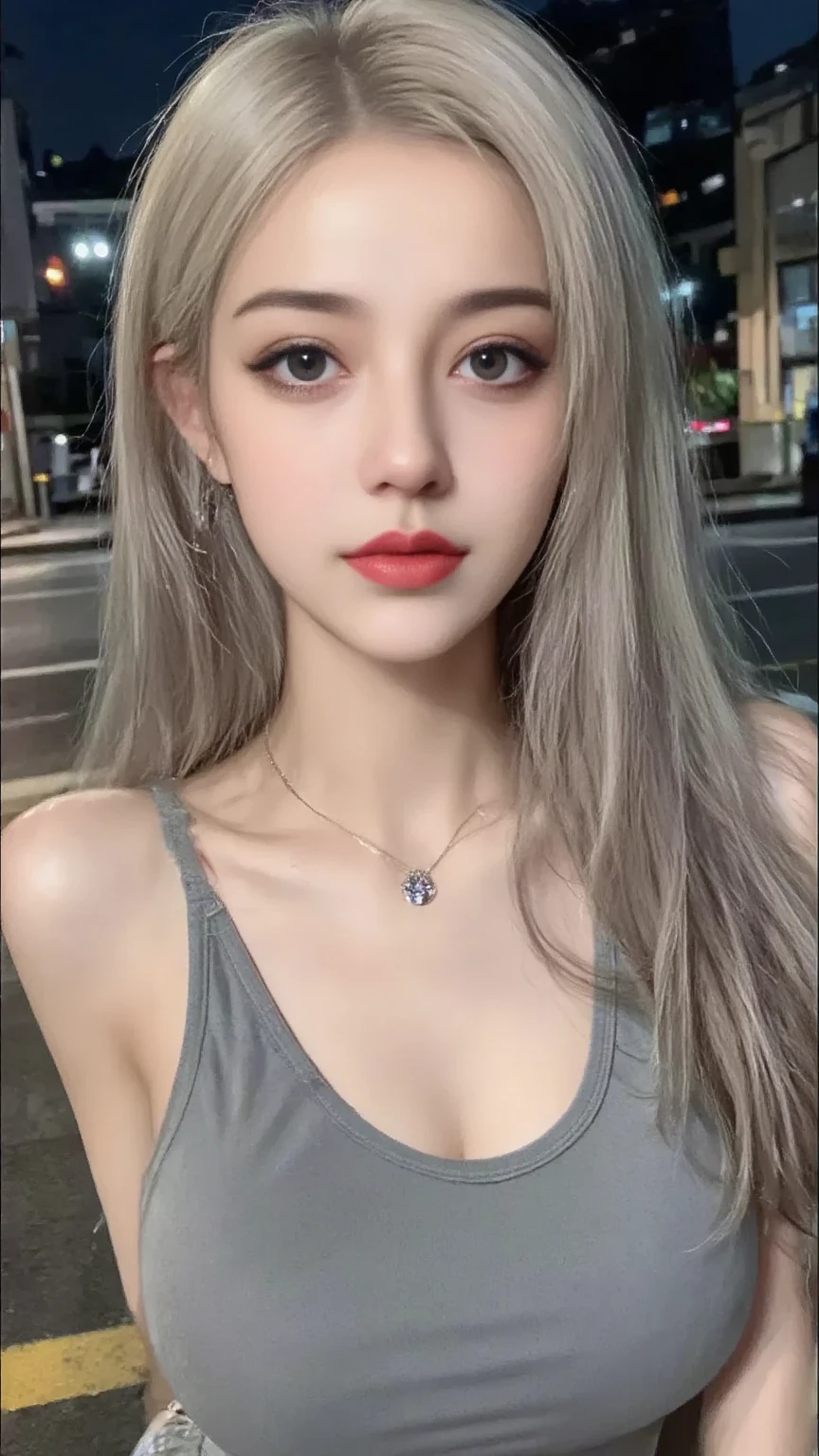 in a panoramic view， 1girll，20yr old，Delicate face shape，is very beautiful， 独奏， [lustrous Some hair，light grey hair： lightblue hair：0.2]， jewely，Silver necklace， looking at viewert， ssmile，黑The eye，Perfect and beautiful face shape，Detailed and perfect body shape，Perfect Finger， long whitr hair， The shirt， station， streaked， inside in room， 耳Nipple Ring，Beautuful Women， hight contrast， natta， deep colour， （freckle：0.1）