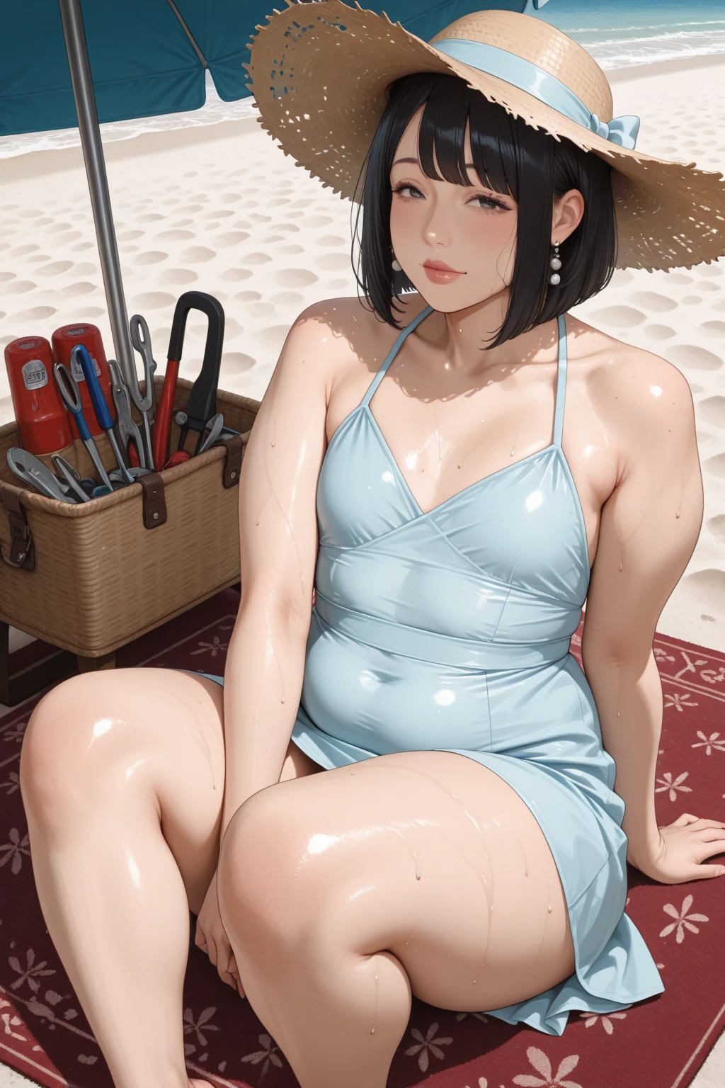 score_9,score_8_up,score_7_up,masterpiece,best quality, source anime, realistic, super detailed, extreme detailed, rating_safe,
1girl, sitting on reclining chairs, eating Shaved ice, looking over there,
BREAK girl, 22yo, short hair, bob cut, (blunt bangs), black hair, (tareme, detailed cute brown eyes), curled eyelashes, (large breasts:0.9),
shiny hair, beautiful detailed eyes, beautiful face,
slender, small ass, slim legs,
one-piece swimsuit,
blush, smile,
outdoors, beach, beach house, summer, sky,