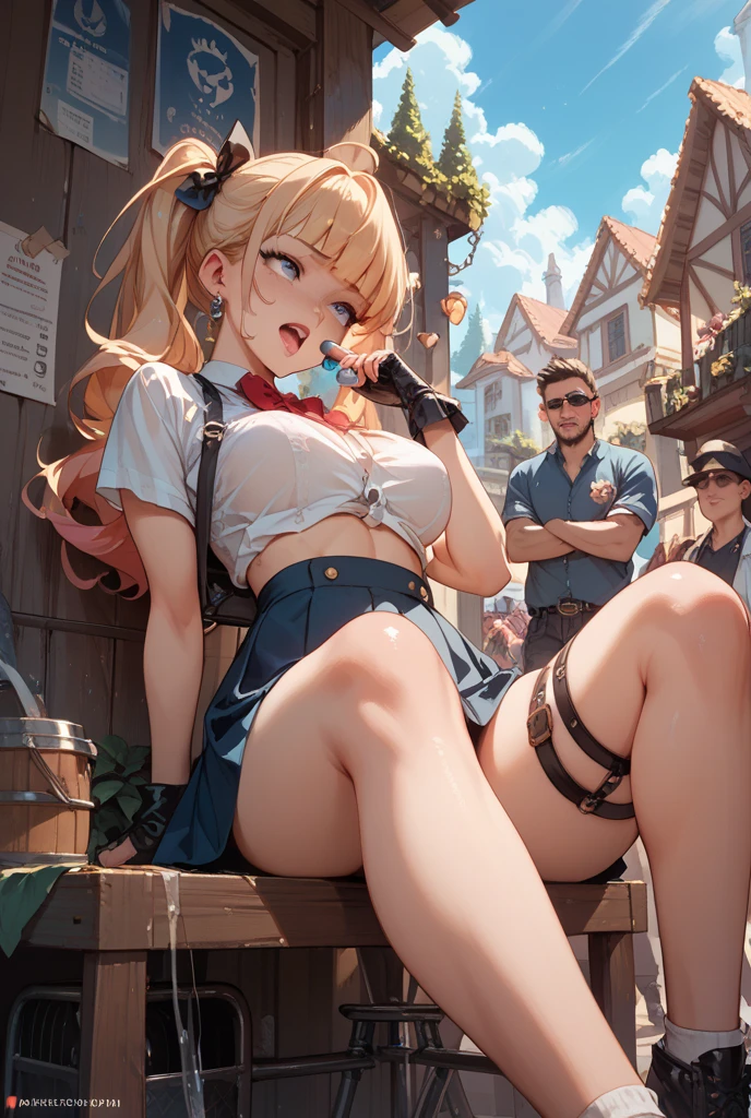 A 32-year-old redhead and a 13-year-old blonde female soldier are lined up.、The woman is glaring at the viewer、Angry expression、crowd、uniform、Wet underwear、Suspended、Among the Enemy、Standing、Town Square、Pee on yourself