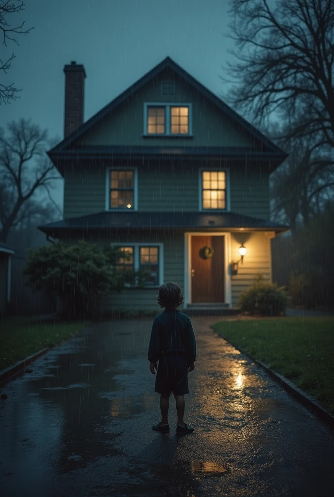  a boy with red and black striped clothes, afraid, watching the creepy neighbor's house,  he had a scared expression Black hair 