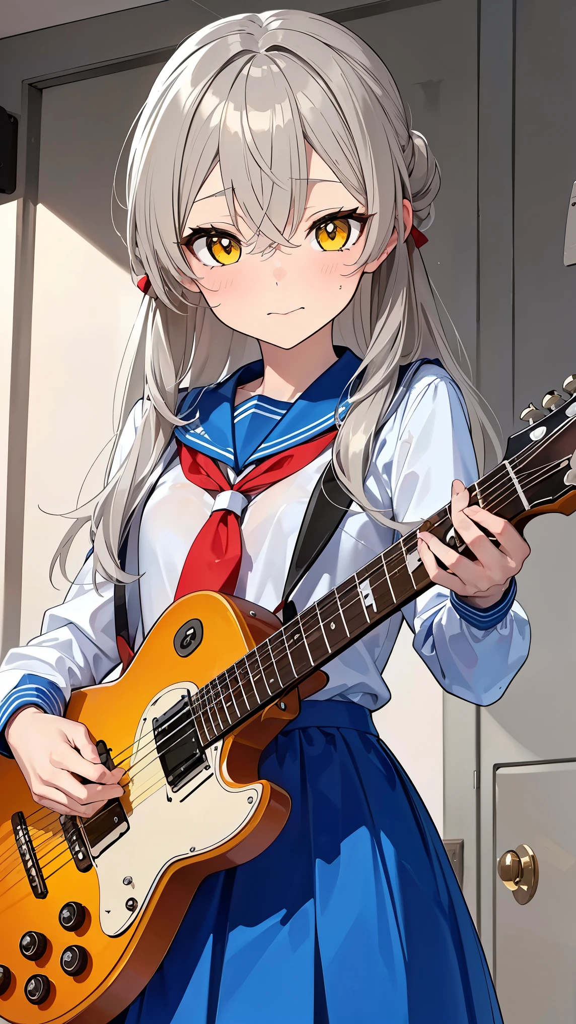 8K (high definition)　(Super Detail)　(masterpiece)　(Highest Quality)　detailed eyes　detailed face　detailed hands　Delicate hair　 detailed wrinkles on clothes　very elaborate body to hold a guitar　fine skin　(solo)　early 　yellow eyes　(Grey Hair)　long hair　Knot　bungs　head holding a cannon　( small )　Flushing Cheeks　Embarrassing Expression　open your mouth　Student uniform　play guitar　Hold up the guitar　Music Room　composition from an oblique bottom　Watch here