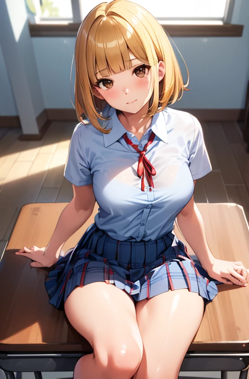 very cute and beautiful girl,(Very detailed美しい顔), (smile),blush,Black Hair,Seraphim,((Blonde、Short Hair)),(White Shirt、Pleated navy blue pread your legs、Squat)、Sitting、(From below)、(Lace panties), Country road, (Highest quality,masterpiece:1.0),Absurd,High resolution,Super detailed,Very detailed,32K,8k resolution, Intricate details,Movie Scenes,Detailed Background,alone,Dynamic Angle,