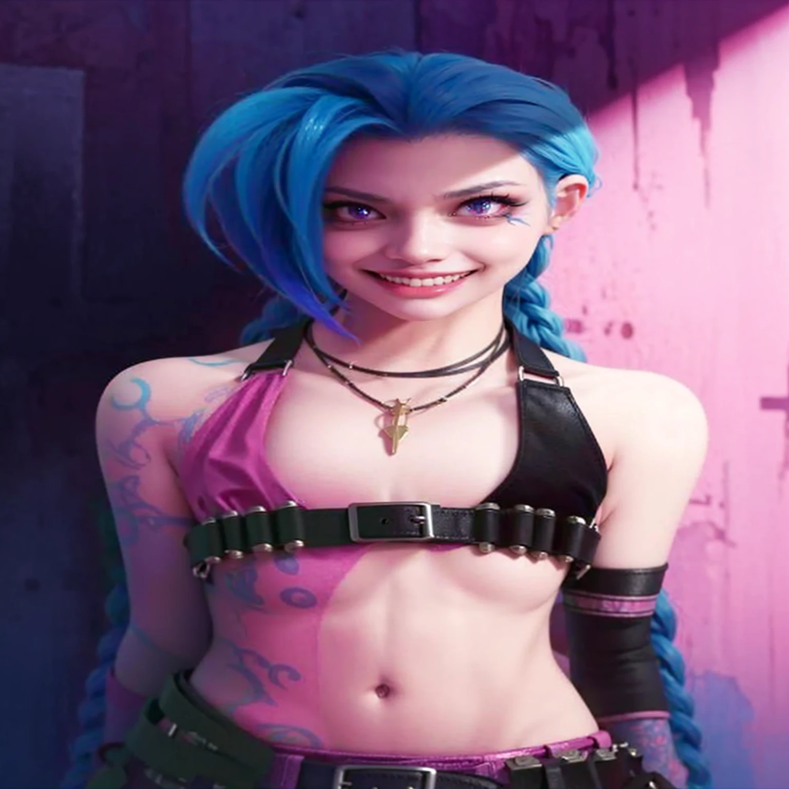 punchline, 1girl, solo, long hair, breasts, looking at viewer, smile, bangs, black hair, gloves, holding, blue hair, upper body, hair ornament, ponytail, multicolored hair, teeth, black gloves, blunt bangs, grin, two-tone hair, streaked hair, piercing, freckles, black lips, blush stickers, evil grin, realistic, Fallen on bed, Green panties, navel, full body