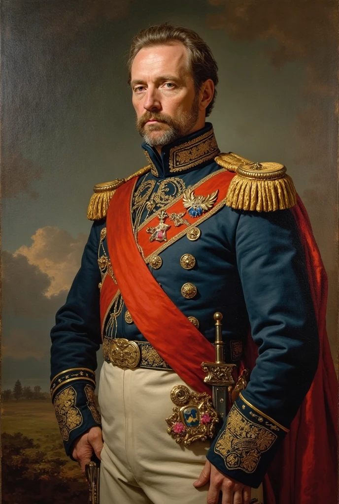 um close up de uma pintura de um homem com uniforme militar, Grand Emperor of the Russian Empire, Majestade em roupas nobres, imperial russia, french emperor, Biedermeier, Retrato de um duque da era vitoriana, 🌻🎹🎼, de Francisco de Holanda, Pedro , the Great of Russia, Pintura retrato real, Jovem czar, portrait of a mid 1 9 th century