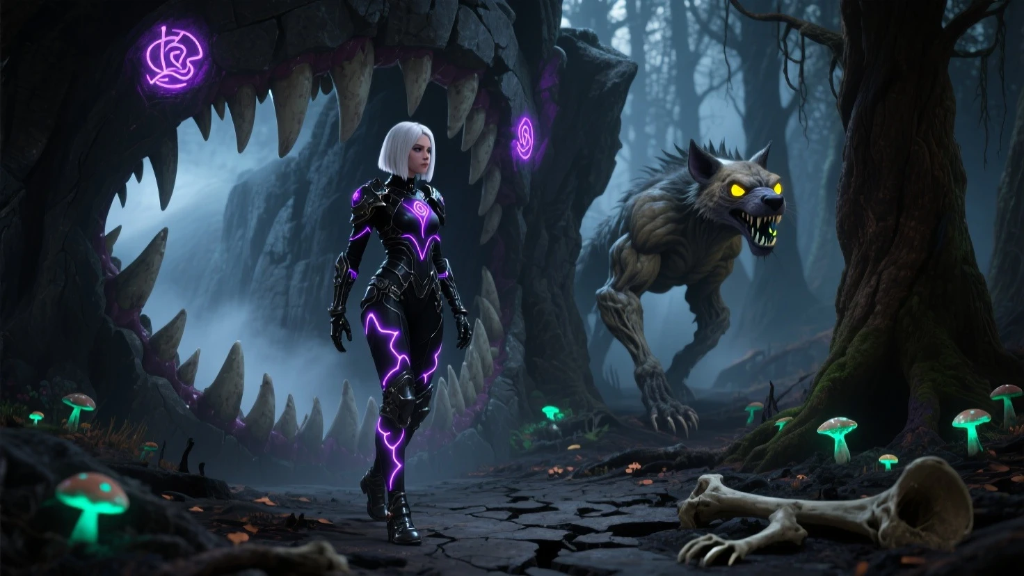 there is a woman in a silver suit standing next to a giant dragon, still from alita, purple body, physically - based render, marvel comics style, by Ben Enwonwu, combat stance, cgsociety ), cyborg woman --ar 16:9 --auto --s2