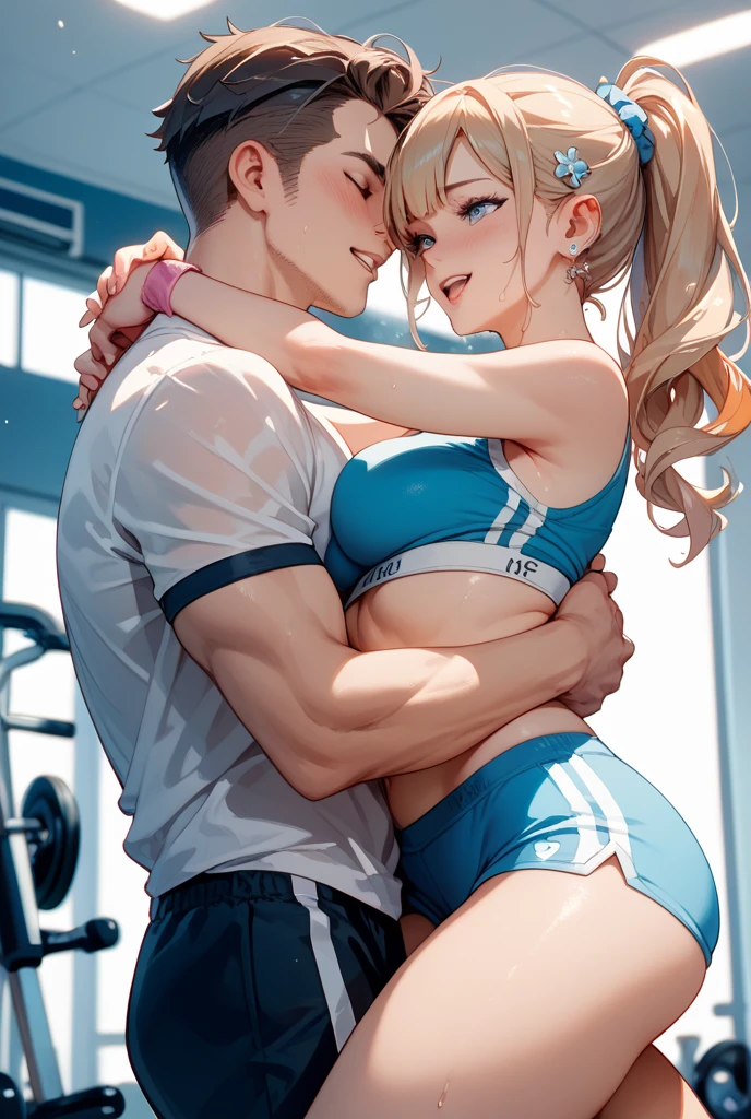 Honoka kousaka love live, cowboy shot, closed eyes, orange hair, sports thong,tinnies crop top,cap, sweating, , tinnies stadium , school sports room,hig,kiss,ass graboy,1girl