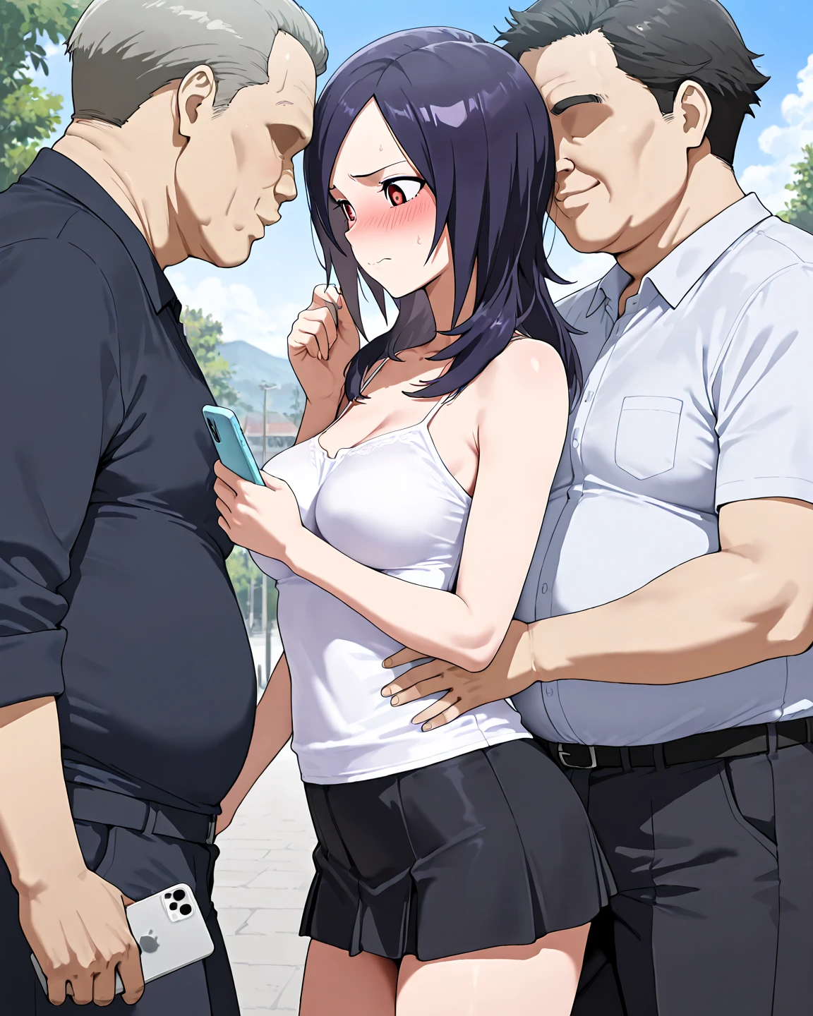 nsfw、(nsfw,Middle-aged man and woman,having sex:1.5),((Massage the breasts))、((small breasts)), Highest quality、Very delicate and beautiful、((Very short bangs))、((Bangs))、Bright shiny black hair、The hair is light、(Short Bob))、、Cute face、Young face、Cute like an idol、Yellow Eyes、Are thin、Slim figure、Short、Embarrassed face、Open Mouth、Troubled face、Red face、Middle-aged man sucking 、Background is an elementary school classroom、