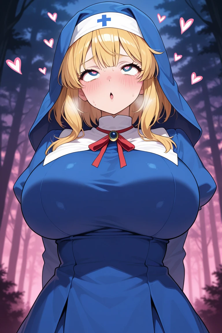 masterpiece, Highest quality, 8K, Little Red Riding Hood, Blonde, Braid, One eye is hidden, ((Big Breasts)), Blouse with front opening, Frills, apron, mini skirt, flare skirt, Darker, Follows the wolf, in the forest, dim