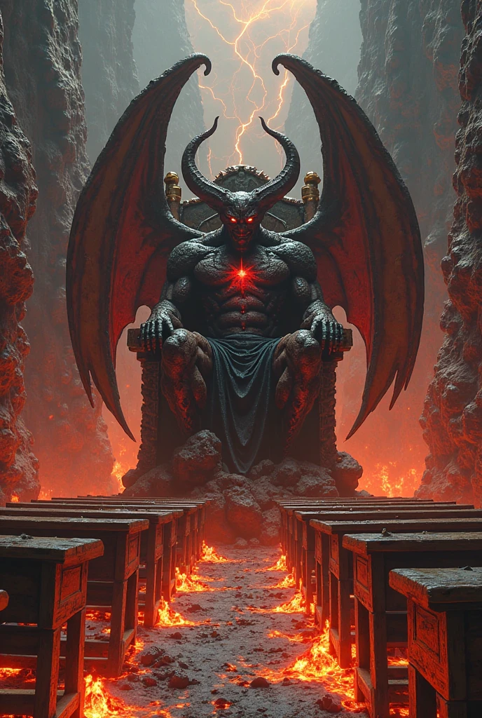 (best quality,4k,high resolution,masterpiece:1.2),Super detailed,actual:1.37,Moderate:(illustration,painting,3d rendering,photography), (Hell Palace,Lava waterfall in the background), The demon king sits on his throne, fiery red aura, threatening expression, A dark and majestic figure, The big protruding horn on the forehead, Elaborate golden throne, There are intricate carvings on the walls, Lava gives off an eerie glow, billowing smoke, flickering flame, Menacing shadows, Intimidating atmosphere, Magnificent and majestic building, Ornate decoration, ominous premonition, Dark color palette with fiery red accents, dramatic lighting, Extremely hot, swirling lava, Lava flow flowing down waterfall, Smoke surrounds.