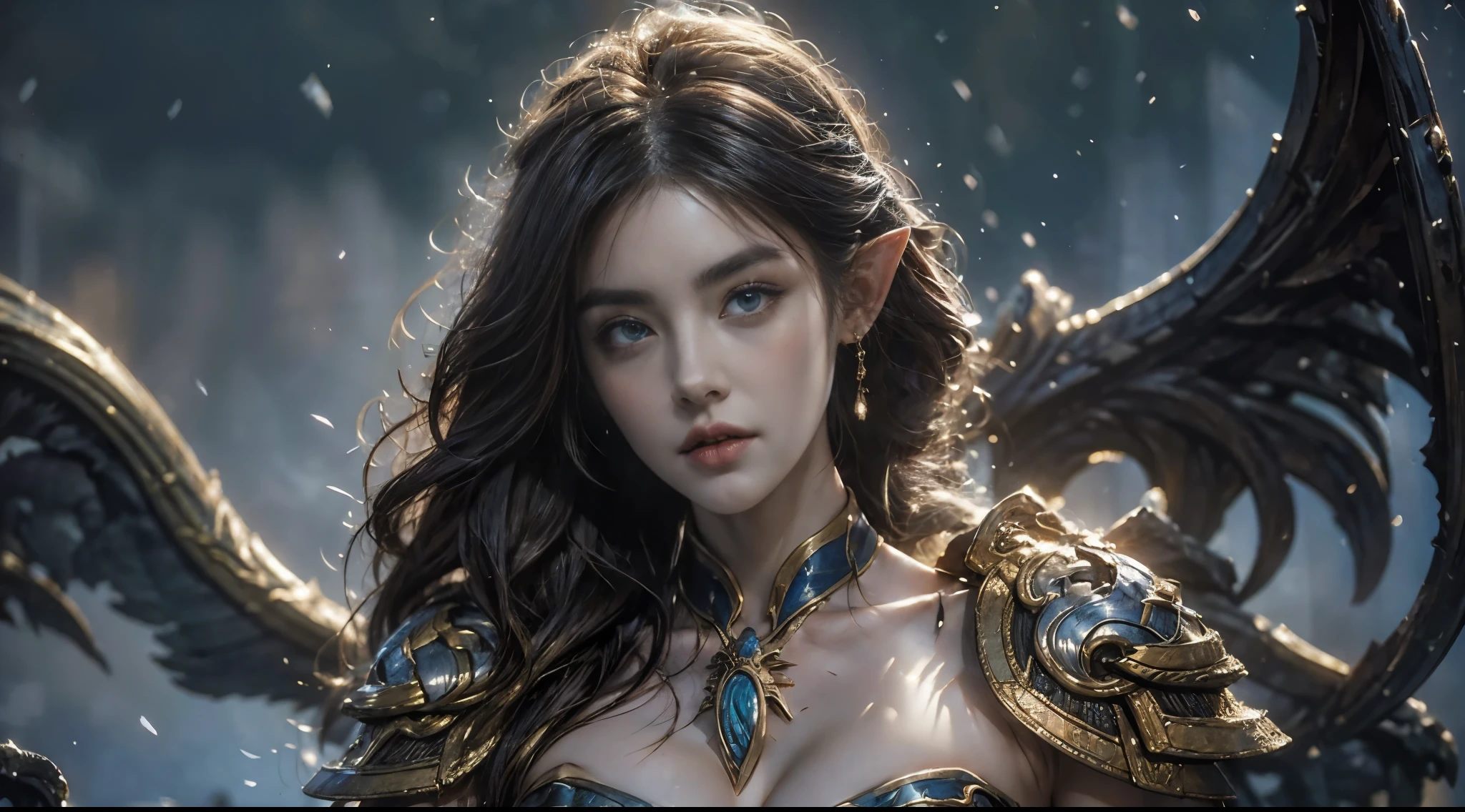 Beautiful portrait of a perfect female elf aristocrat , 完美特征, ( wearing an extremely baroque luxury elf robe), Abstract Beauty , Big breasts , mouth closed ,Almost perfect, Pure Form, dynamic pose, mysterious background , (The Dark Side), (Strong cinematic lighting ), (rétroéclairé), 由Greg Rutkowski、 conceptual art created by John William Waterhouse, complicated details that make my whole body shiver, 8K Post-production, high resolution , Super Details, popular on ArtStation , sharp focus , depth of field/1.8, Studio Photos, (((Look directly into the camera ))). Upper Body Lens , in the morning,snow,(have castles in the background)