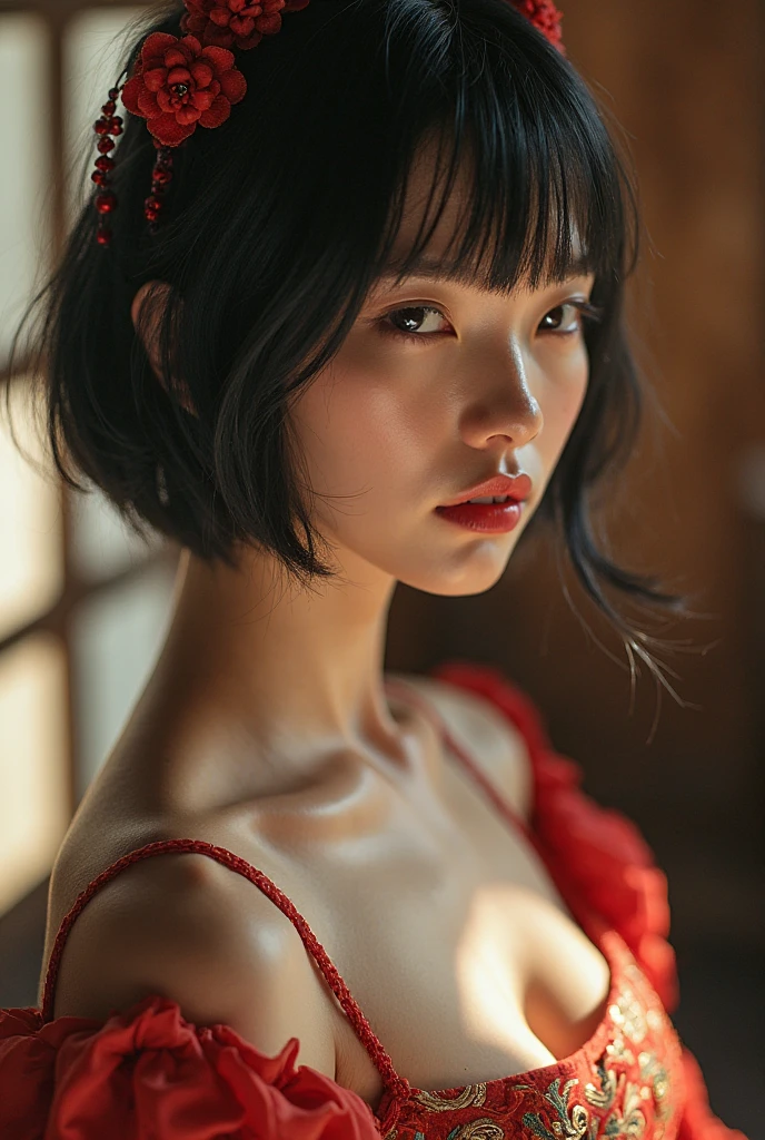 RAW photo, best quality, masterpiece, photorealistic, Polish girl, 20 years old, black hair, Light grey eyes, short bob cut, hair in 7 thirds, hair over one ear, Symmetrical eyes, pale skin, Big Breasts, rip gloss, Gel Nails, Various poses, Accessories, various poses,