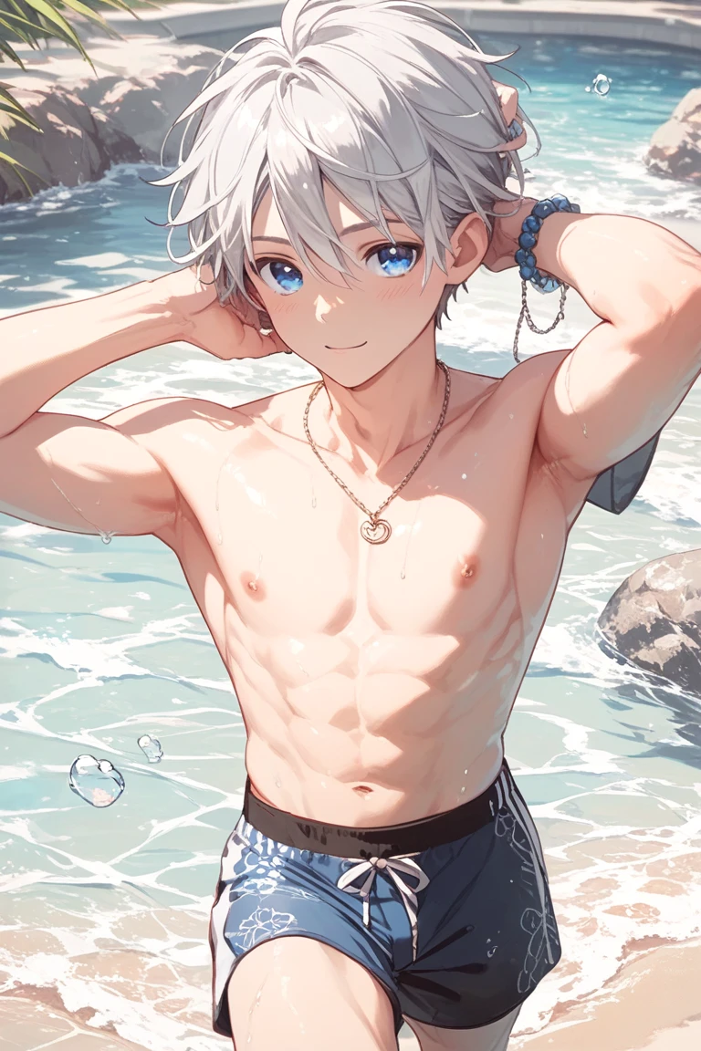 Cute boy 13 years old, thin , very embarrassed, naked shirtless, masterpiece with white hair and blue eyes in short white tight swimming trunks, released uncensored, clear contours, slim stomach, slim stomach без пресса опирается на стол, очень thin, Makoto Shinkai style