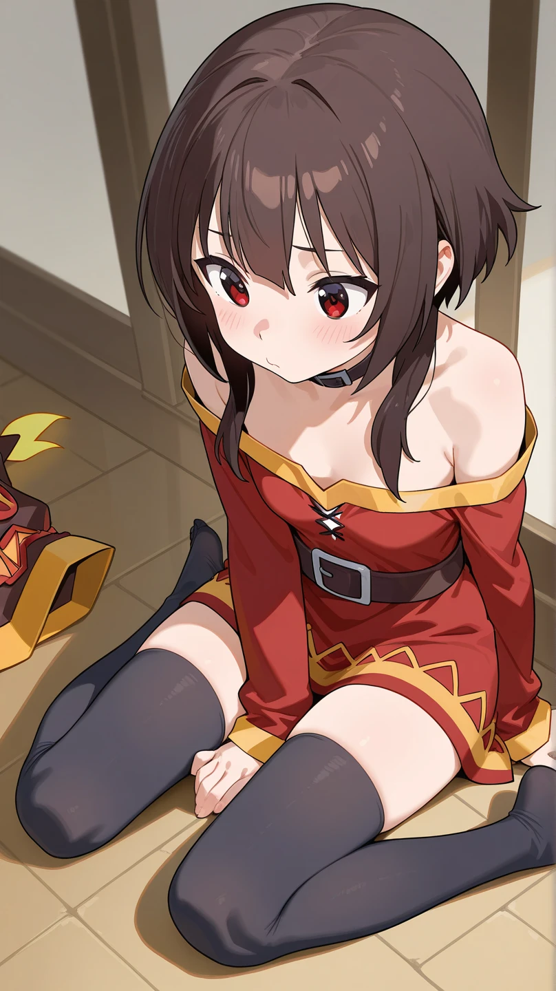 Megumin, upskirt, black panties, embarrassed, blush, pulling skirt down 