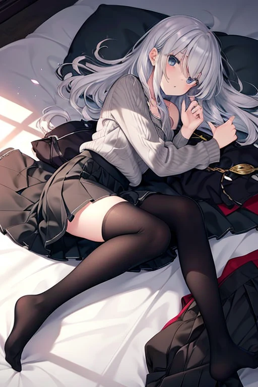 1girl, solo, long hair, looking at viewer, blush, bangs, blue eyes, long sleeves, bow, sitting, closed mouth, collarbone, jacket, hair bow, grey hair, thighs, frills, open clothes, indoors, hood, legs, book, bare legs, window, bed, on bed, stuffed toy, pink bow, blue jacket, pajamas, slippers, bedroom, izumi sagiri