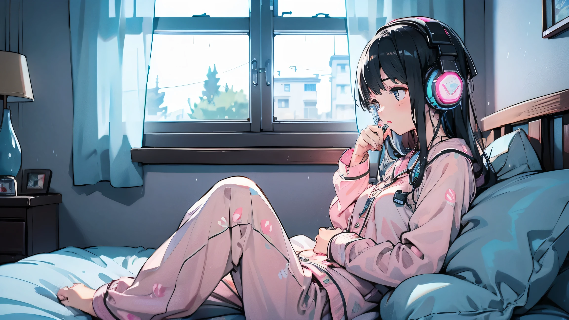 Japanese 80's style illustration. It is 23:00 at night.
A girl of about 1 is sitting on her bed in her room, wearing headphones and looking out the window.
Through the window, she can see a town in the countryside at night. The sky is filled with stars and buildings in the countryside.
The overall color scheme is based on pink. The girl's hair is bobbed, her face is young and she is wearing trainers and short pants.
Hot cocoa is on the table and calm. The illustration has a calm and languid impression.