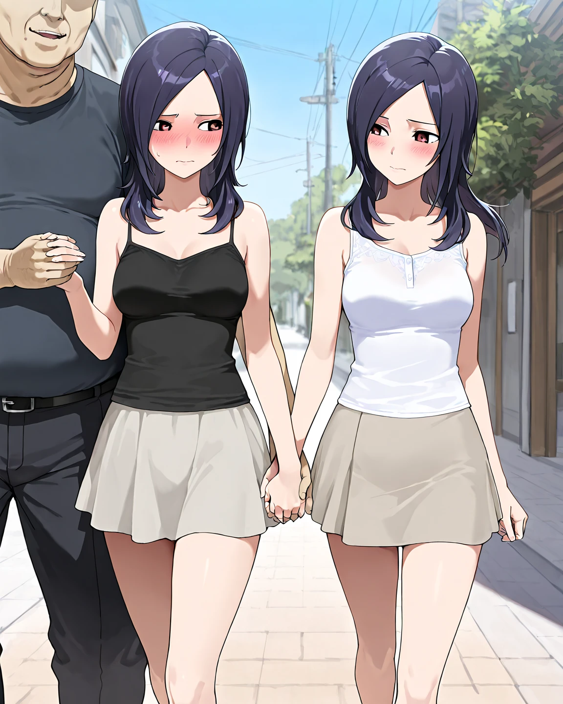 highest quality, figure, super detailed, finely, High resolution, 8k wallpaper, 完璧なダイナミックな構figure, two girls、beautiful and fine eyes, medium hair, natural color lip, smile,Akasaka Street、{{outdoor}},{{golf場}},{naked}}, whole body, (((genital hair))),golf、Swing
