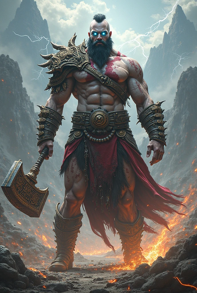 Full body, comic art, 8k, masive musculart full body, body full of veins in relief, splash effect, exuberant samurai warrior, mysterious look, walking forward, furious expression, powerful, thunder, very detailed face, ponytail, rainnig, 8k, white bearskin on the shoulders, fitness body, six pack abs, biker boots, foreshortening in perspective, yonder hair, at cluttered and messy shack, action shot, action pose, profile angle, tattered torn shirt, swords hanging from the waist, an ax behind the back, tattoo on arm, golden armour, porcelain skin, long hair, big, skin pores, detailed intricate iris, heavy shadows, detailed, photo realistic, realistic, dramatic, . cinematic, wide angle. humid climate, photorealistic, heavenly beauty, style of laurie greasley, esad rbic, travis charest, yanick paquette, trending pixiv fanbox, vibrant colors, acrylic palette knife, deviantart, trending on artstation, low details, fire and brimstone background, 4 k, trending on artstation,