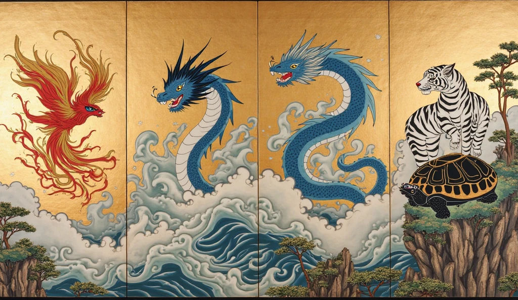 masterpiece,Folding screen depicting a dragon,Ink and water Japanese painting,(Beautiful gradation created by layering),(Tarashikomi technique),(A gold dust base with a three-dimensional floral pattern)