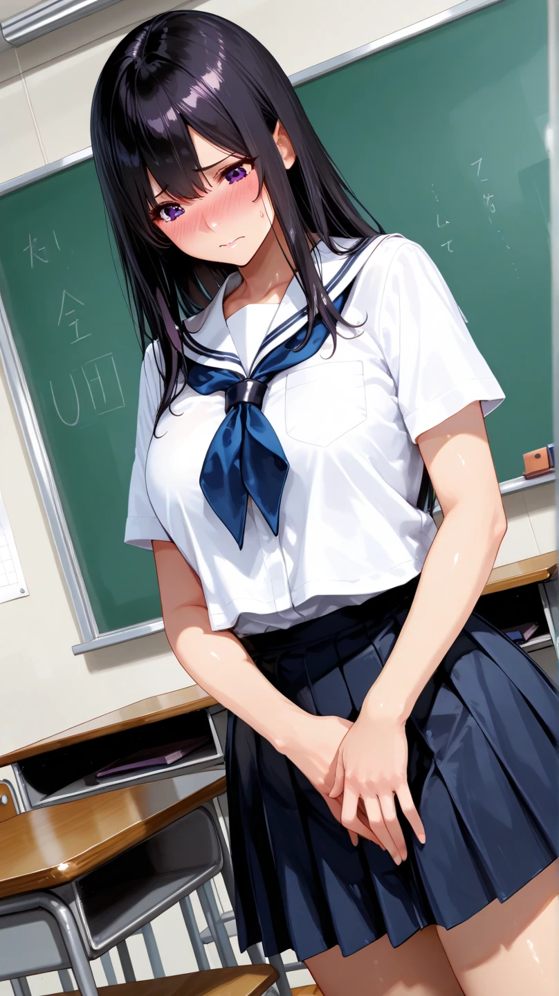 ((best quality)), ((masterpiece)), (detailed), (((perfect face))), ((slender 16yo teenage girl)), (((wearing dark blue pleated skirt))), ((small medium breasts)), ((brunette)), ((ponytail)), ((((topless)))), ((shy:1.3)), ((blushing:1.5)), ((skinny thighs)), ((skinny hips)), (((girl looking away))), ((bare stomach)), ((bare arms)), ((bare shoulders)), (((standing))), (((chalkboard))), (((classroom)))