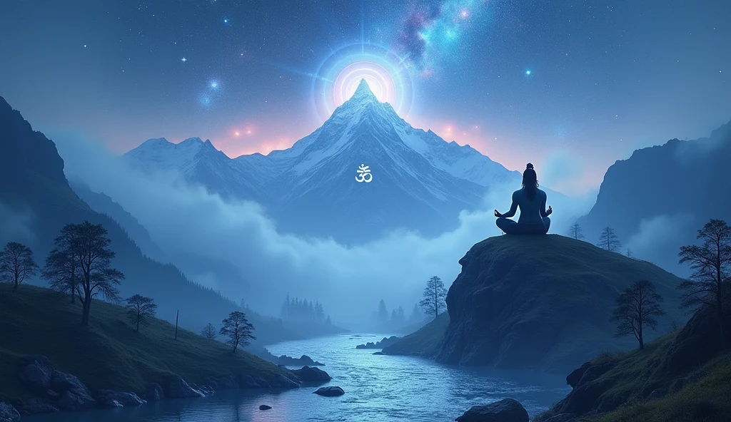A girl is sit in mountains and see a sky creat a 🕉️ with rudraksha in full of dark night 