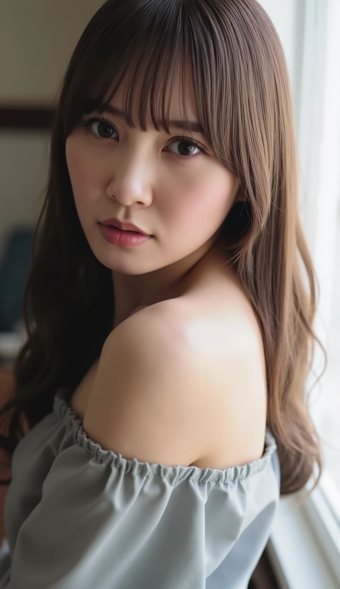 The high resolution photograph of a young Japanese female idol, solo, 1girl, wearing a off-shoulder dress, looking at the camera, straight long hair with blunt bangs, pale skin, detailed face, seductive eyes, indoors.