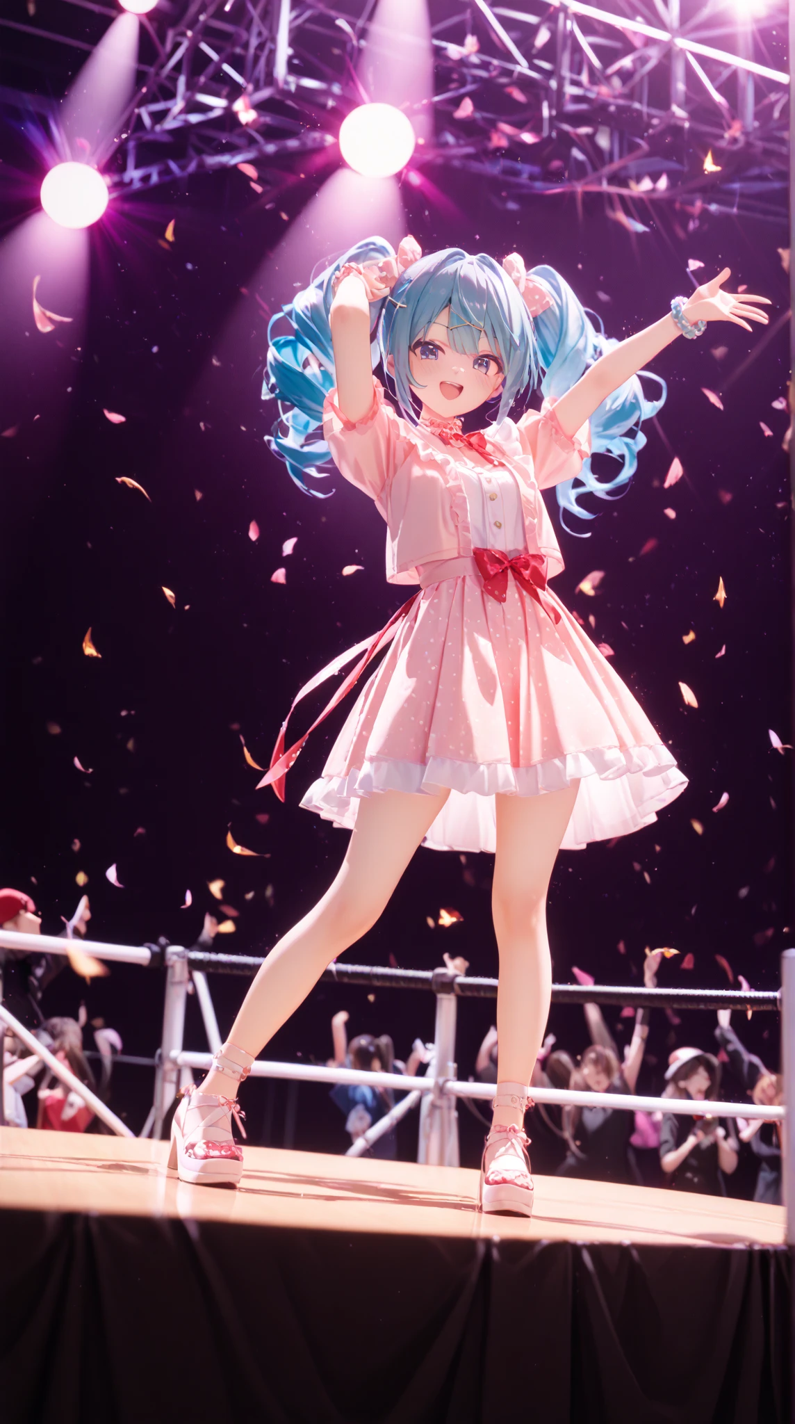 create a 3D image of some nightingales birds, female, pink, happy, flying in the city, so free and wearing a blue outfit. the bids are on stage too