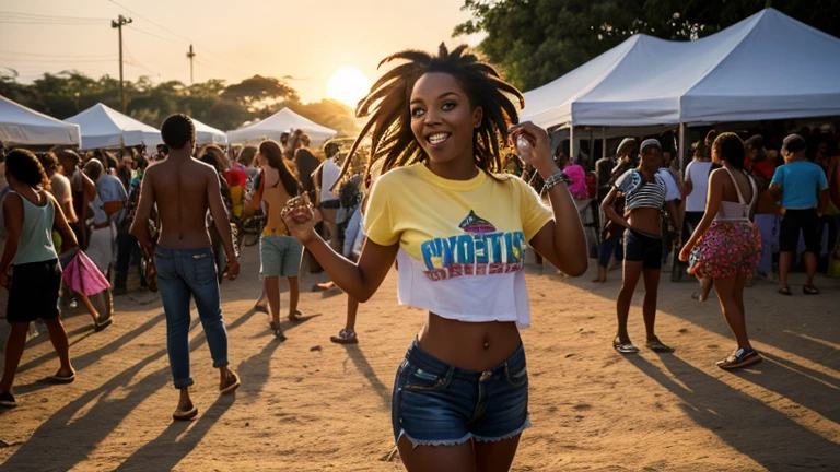 A black woman seen from the front dancing in costume with colorful and fun hair accessories in a carnival scene in Brazil and wearing a long white T-shirt. Hyperrealistic image.