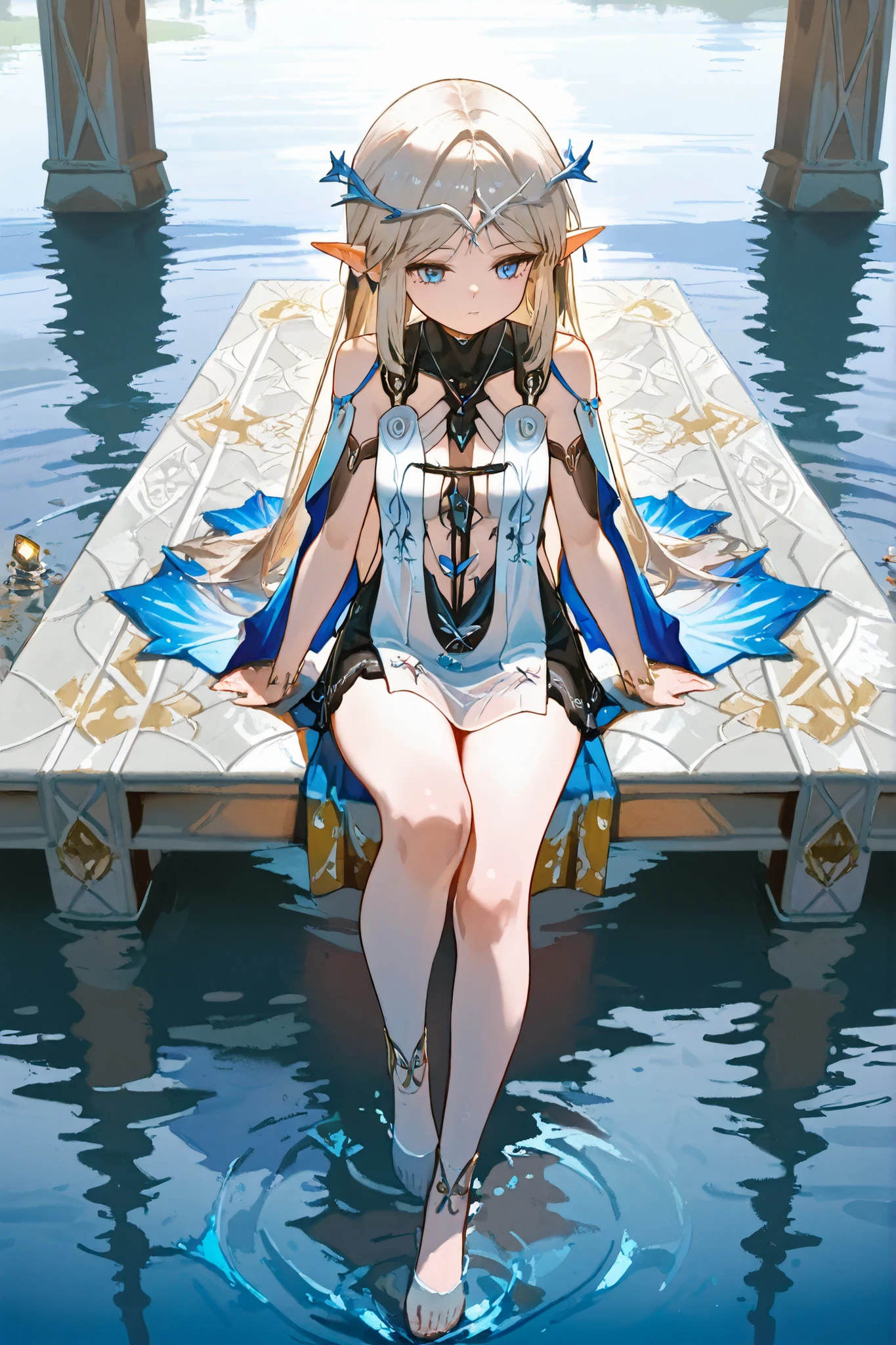 full body,long hair, Gold,((blue eyes,Jewel-like)), The center of the lake,water surface,sit with your knees bent, exercise sitting,sitting holding the knee,long ears,elf-like ears,Formal Wear,Elegant Atmosphere,beautiful girl, best quality,high quality,watercolor,4K,8K,
