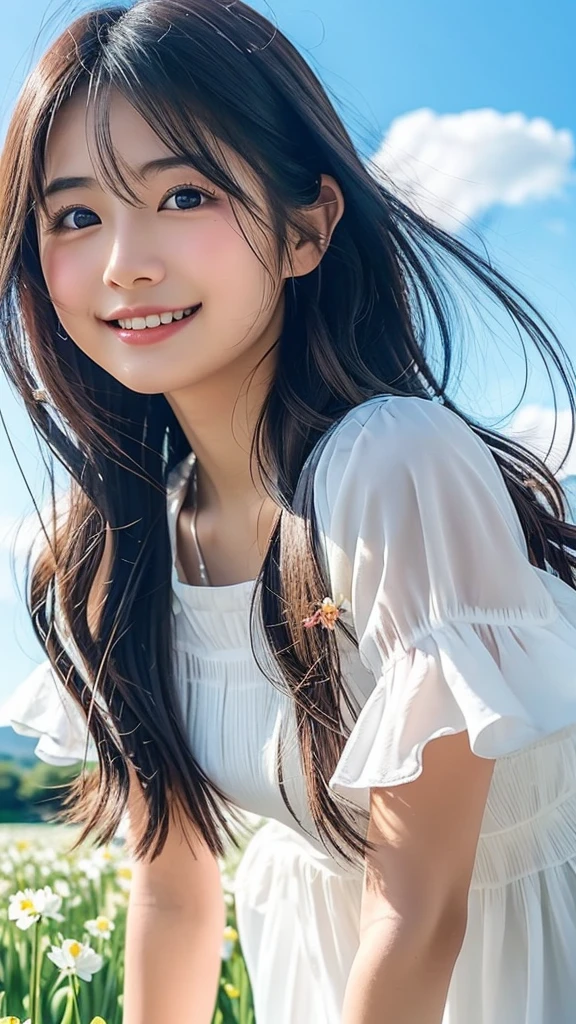Produce the highest quality and highest resolution 8K images。The model is a 20-year-old Japanese woman.。The image depicts her posing and smiling for the camera.。She has brown eyes and a model figure.、She has an idol-level cute face.。The hair is wavy。Skin has a healthy color。Clothes、６Dressed for the month。