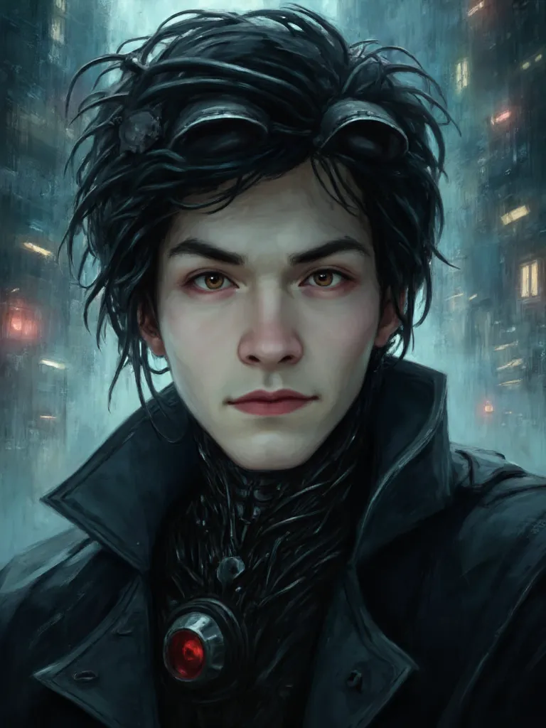 score_8_up, score_7_up, 1boy, solo, portrait of a young man, sunken eyes, straps, oil stains, grey knitted sweater, patched skinny jeans, dieselpunk technology, dieselpunk gloves, goggles on his head, black hair, messy haircut, night, particles, dieselpunk garage background, low lightning, motion blur