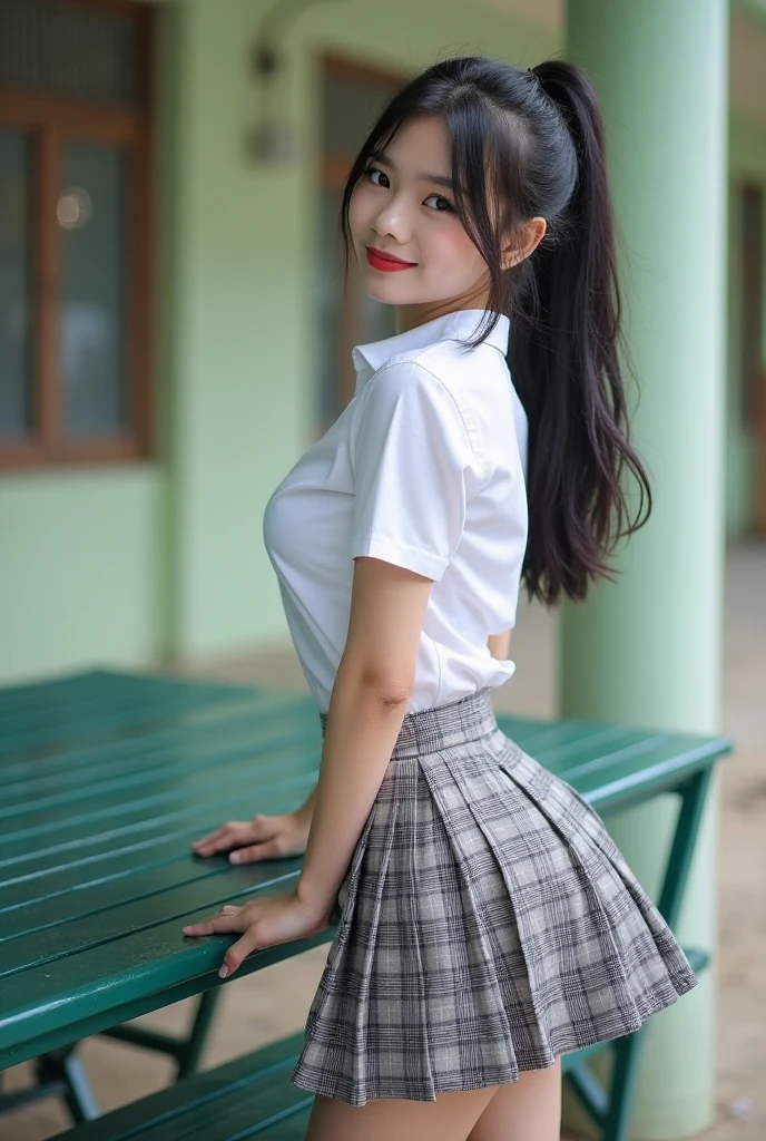 ((farm girl)), ((short plaid skirt)), ((best quality)), ((masterpiece)), (detailed), 1girl, bent over, summer dress