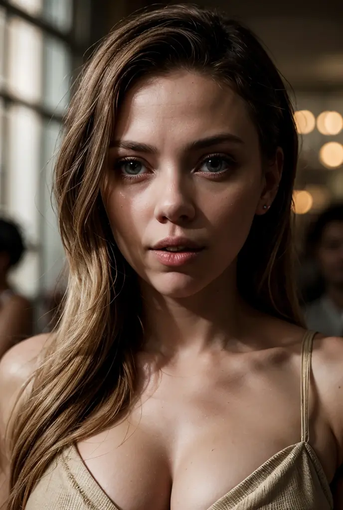Full body portrait photo of a 25-year-old European girl, in front, RAW, beautiful woman, beautiful lips:5, dimples, wistful look, (extra-long wavy pink-blond hair), ((detailed face)), ((detailed facial features)), (finely detailed skin), tanned skin, (deep neckline detailed casual clothing), cyberpunk neon city lights, (cool colors), damp, reflections, (masterpiece) (perfect proportion)(realistic photo)(best quality) (detailed) shot on a Canon EOS R5, 50mm lens, F/2.8, HDR, (8k) (wallpaper) (cinematic lighting) (dramatic lighting) (sharp focus) (intricate), RAW photo, RAW photo, gigachad photo, posing for camera, black jeans, back arms, 8k uhd, dslr, high quality, grain film, Fujifilm XT3, film stock photography 4 kodak portra 400 camera f1.6 lens rich colors hyper realistic texture dramatic lighting unrealengine trend in artstation cinestill 800 tungsten, toughboy style, ultra focus face, intimidating, in fighting position, short messy hair, muscular, bursting veins, beaded