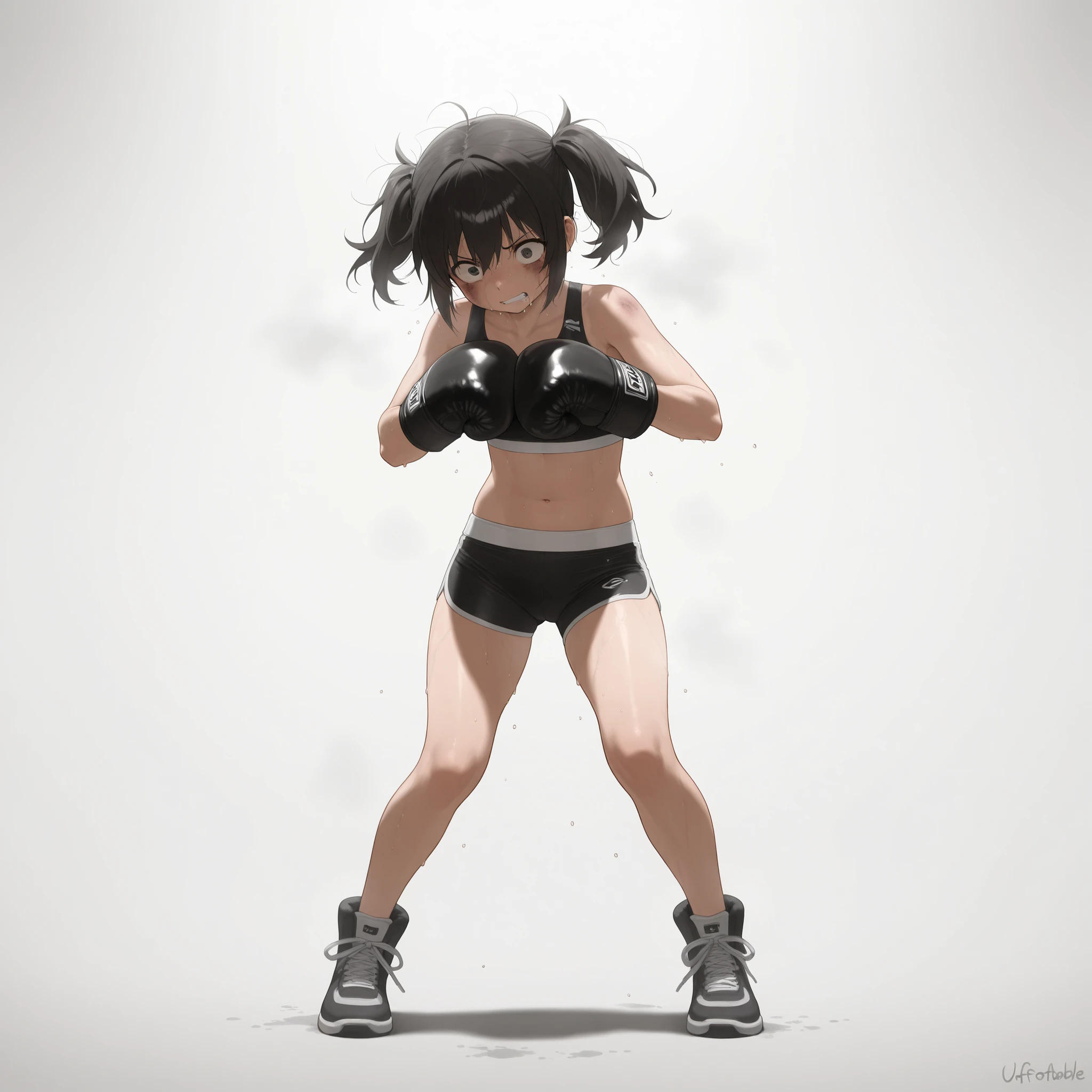 (masterpiece、highest quality、highest quality、Official Art、Beautiful and beautiful:1.2)、(One girl:1.3)Hatsune Miku、Twin tails,Big Breasts,Boxing match, ((masterpiece, highest quality, Best image quality, High resolution, Realistic, RAW Photos, 8k)), ((Highly detailed CG synthesis 8k wallpaper)), (Huge and stunning goddess shot, Very hot and sexy, Incredible beauty, Perfect Proportions, Beautiful body, Slim body beauty:1.4), Female Boxers, Beat each other in the ring, Wear a sports bra, trunks, Boxing gloves and boots, Sweat splashed, Sweatrunning, Wet body, Intense Combat 