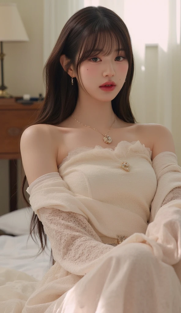 (top quality, 8k, masterpiece: 1.retty woman with perfect figure: 1.4, dark brown hair, big, wearing pendants, torn shorts, very detailed face and skin, detailed eyes, double eyelids, top quality, masterpiece, (photorealistic: 1.4), one woman, golden ratio, upper eye care, perfect face, beautiful figure, face close-up, long hair, gloss, highlight, gloss, glossy on skin, glossy on skin, wet skin, wet, bangs, cute smile, bust, off-shoulder, refreshing charm, elegant, perfect hands, shiny, highlight, glossy skin, bangs, bust, big, Warm off-shoulder, refreshing charm, ears out, gaze to the camera, poses at different angles