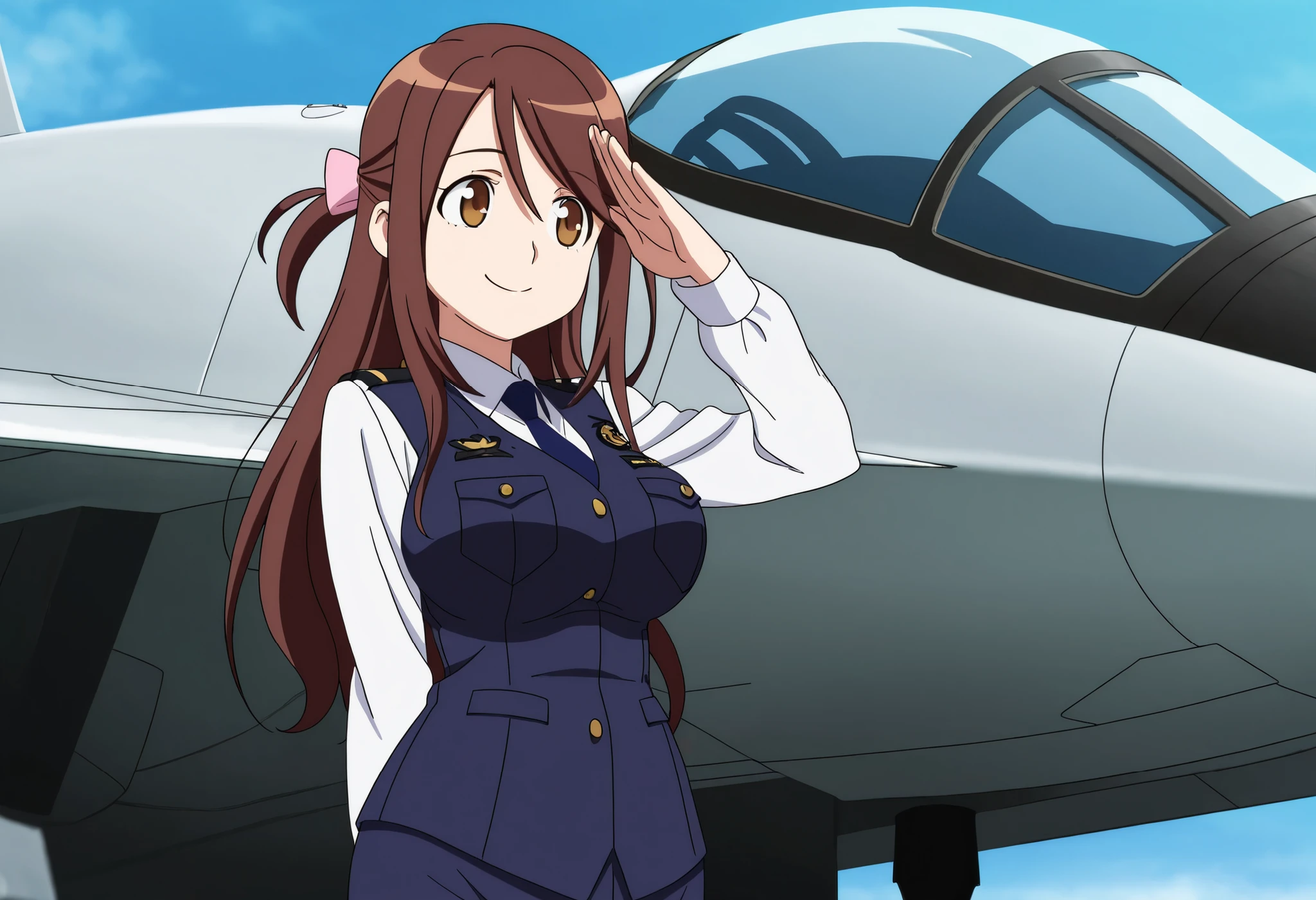 (ANIMATION COLORING,animated screen capture,OFFICIAL STYLE:1.1),solo,1 girl,smile,
Fighter,Air Force Base,outdoor,
that's good, brown hair, long hair, on the side of the sheet, hair bow, pink ribbon, brown eyes in the bedroom, big breasts, wide waist,mature woman
police uniform, blue vest, white shirt, collar shirt, long sleeve, blue skirt, pencil skirt, Blue Tie,salute