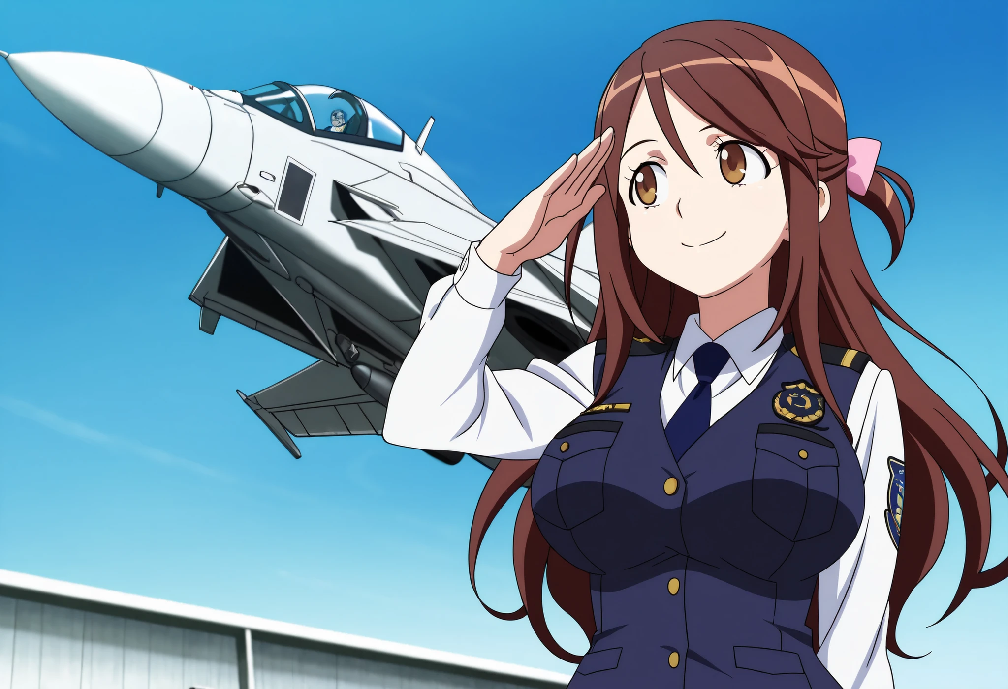 (anime coloring,anime screencap,official style:1.1),solo,1girl,smile,
fighter jet,air force base,outdoor,
iida nana, brown hair, long hair, one side up, hair bow, pink bow, brown eyes, large breasts, wide hips,mature female
police uniform, blue vest, white shirt, collared shirt, long sleeves, blue skirt, pencil skirt, blue necktie,salute