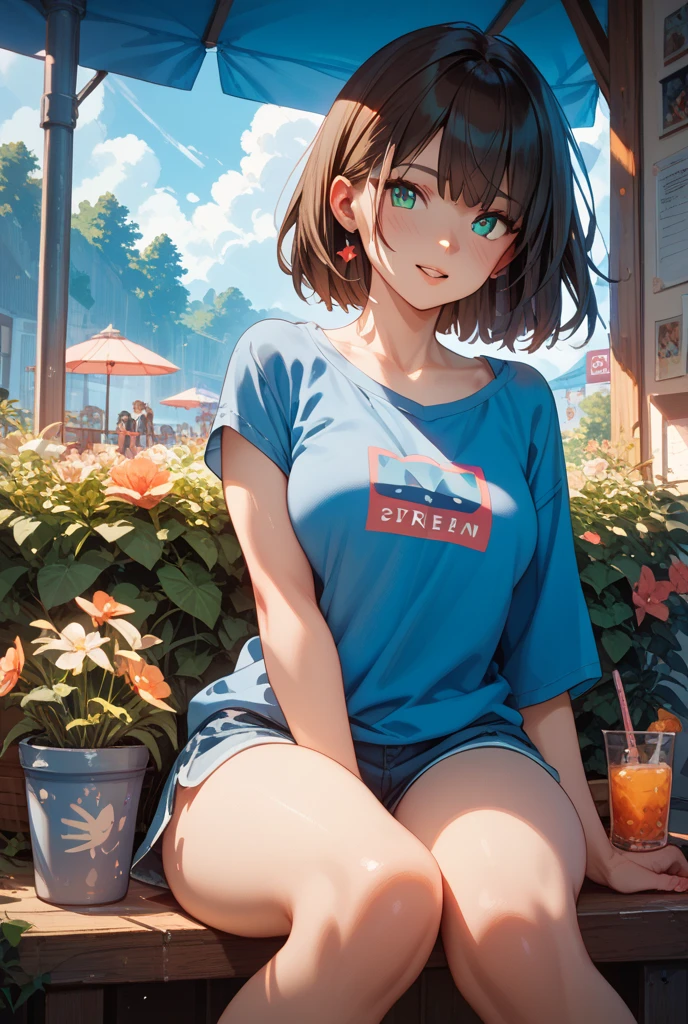 (masterpiece, best quality:1.2), abandoned train, in a flower field, 1girl, no panties, bottomless, open shirt, sitting by a train, warm, summer, vibrant colors, best lighting, best shadows