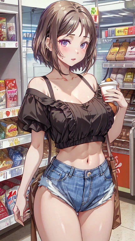 (masterpiece, Best Quality, ultra-detailed, high resolution, extremely detailed CG, official art, Professional Lighting, Perfect Anatomy, anime colors), (from below), looking at viewer, cowboy shot, perfect body, 24yo beautiful 1girl, medium hips, glamorous body,a small face,beautiful-makeup,Makeup light,Shortcut Hair,dark brown hair、Bust b Cup, Amazing Cleavage, thin waist, big ass, Raised sexy, big breast: 1.2 posed cleavage:1.2, (off shoulders,Sportsbra,legginullnude), micro denim shorts, bare legs, nail_polish, pale skin, Waiting friend, (morning:1.5), tokyo, (convenience store:1.3), outdoor, (depth of field:1.3), contrapposto, (Hold a coffee in your hand:1.3),delicate beautiful face, Bright magenta eyes, cute eyes, sparkling eyes, Big eyes, (big breasts:1.3), (perky chest:1.1), (pointed chest:1.3), looking at viewer,