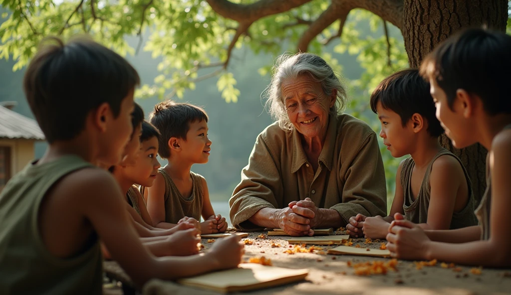 An elderly indigenous person and 4 children