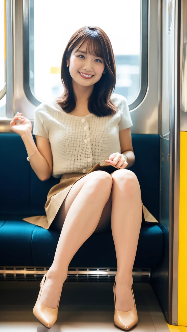 (masterpiece, Highest quality, 8k, RAW Photos, beautifully、beautiful:1.2), Intricate details, indirect lighting, Realistic,
whole body, Sitting on a chair on the train、Gazing at the audience、Voyeur、
Square neck button-down linen sundress, (Ultra-realistic beige pantyhose)、
Women's training , Chair to sit under skirt,,(Thin legs),Sharp focus,Ultra-high resolution,Sony,1 1 1.2,Japanese women,Beautiful Japanese,High heels, (smile)