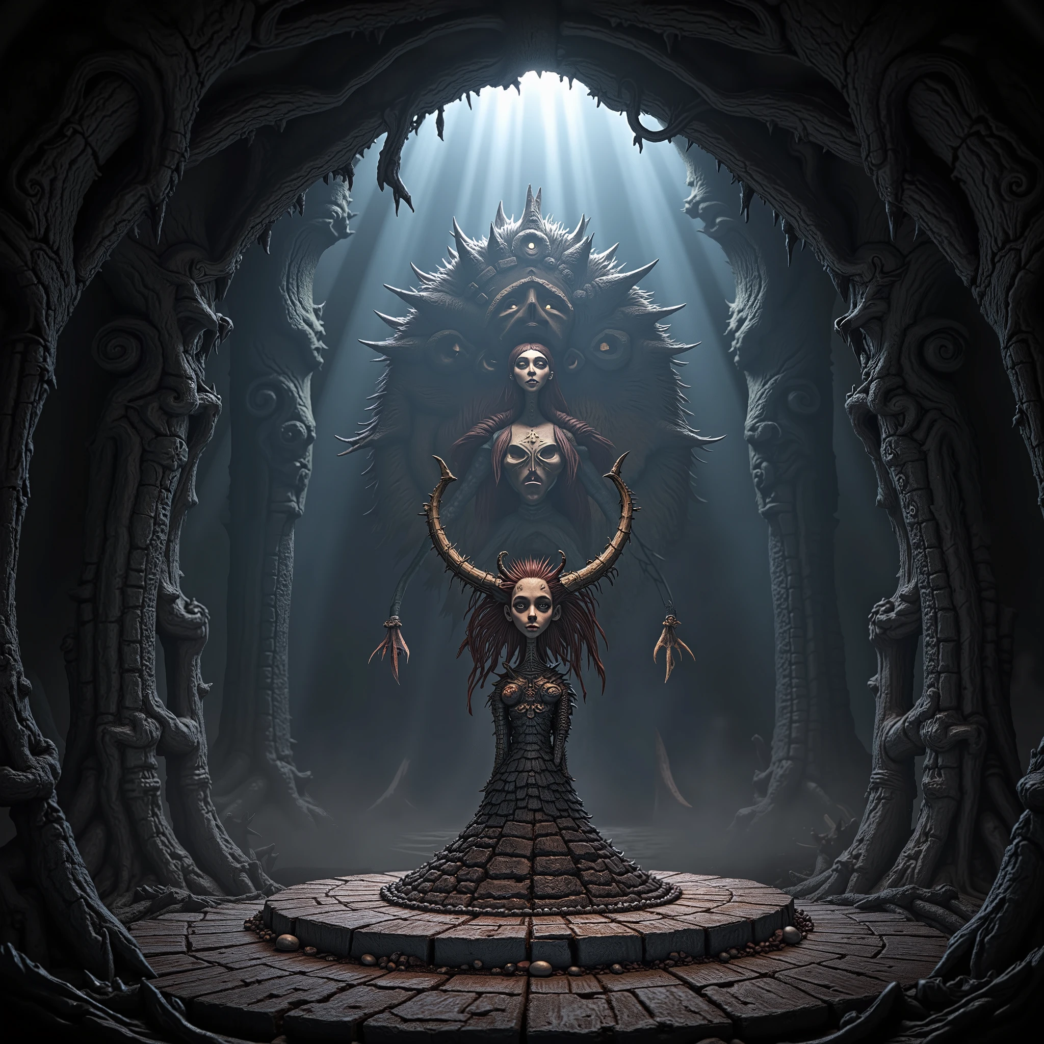 Medieval fantasy , haute qualité 8k , Ultra HD , high definition illustration , masterpiece , Best quality , amazing quality , Burtonesque background style , Large pedestal in the center of the dungeon with a large spiked gauntlet on the pedestal
Text: LOST KINGDOM